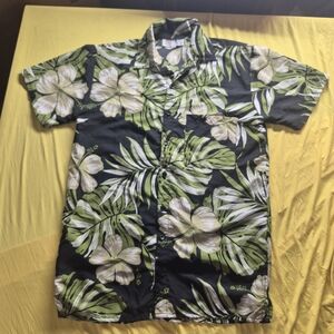 Kids Black Tropical Floral Button-Down Shirt with Green Leaves